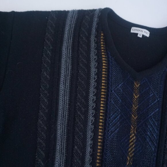 Vintage '80S Leather Fog Black 3D  Eclectic Grandpa Wool V-Neck Knit Sweater 3X - Picture 8 of 10